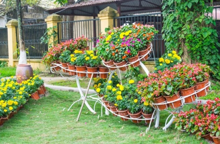 Three large white, metal circular plant holders stand on curved leg supports and raise the height the plants and be viewed and enjoyed at. Each circular pad holds 10 flower pots.